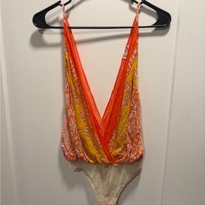 Free people flowy low cut Orange and Yellow Women's Bodysuit